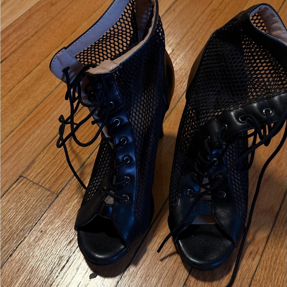 Black Mesh Lace-Up Women's Heels